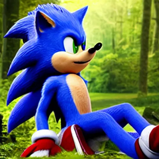 Prompt: sonic the hedgehog sitting in the woods on a camping trip