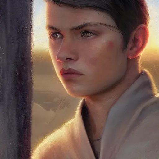 Image similar to a young male jedi with short dark blonde hair standing still looking at the sunset concept art by Doug Chiang cinematic, realistic painting, high definition, concept art, portait image, path tracing, serene landscape, high quality, highly detailed, 8K, soft colors, warm colors, turbulent sea, high coherence, anatomically correct, hyperrealistic, concept art, defined face, five fingers, symmetrical