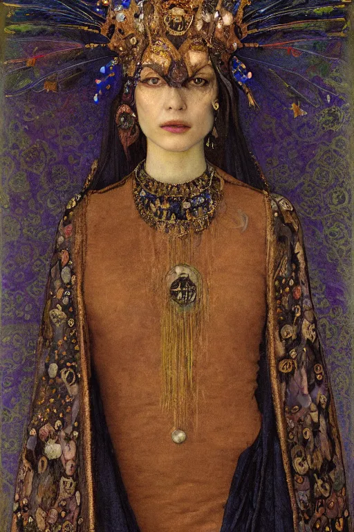 Image similar to portrait of the corvid queen by Donato Giancola and John Bauer and Vermeer, embroidered velvet, iridescent beetles, rich color, ornate headdress, flowing robes, sacred artifacts, lost civilizations,featured on Artstation, cgisociety, unreal engine, extremely detailed