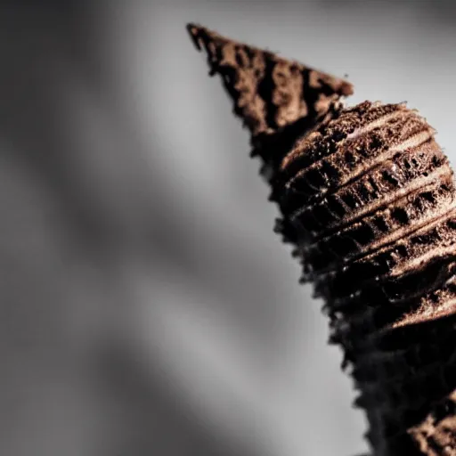 Image similar to detailed photograph of a chocolate ice cream cone becoming a hairy brown recluse spider body at the bottom. dramatic, golden light. realistic photograph. delicious. hairy. chocolatey. spidery.