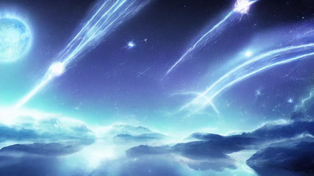 Image similar to fantasy outer space with distant spaceship trails wallpaper