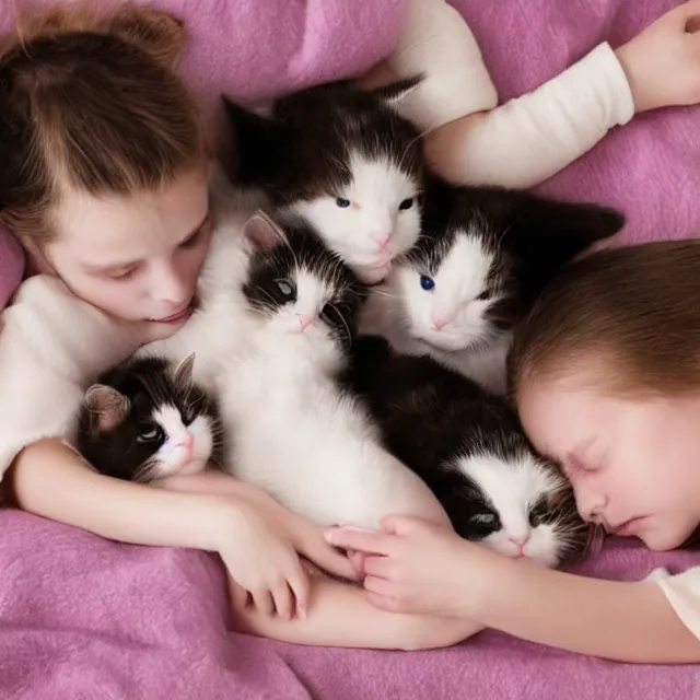 Prompt: final fantsy Four kittens lined up to sleep on the arm of a sleeping girl