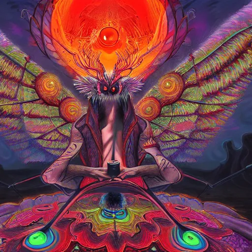 Image similar to A centered chest up portrait of a psychedelic godlike mothman with giant mandala wings smoking a hand-rolled cigarette smoking heavily , magic mushroom village in background , award winning. superb resolution. in the art style of junji Ito and greg rutkowski . Detailed Mushroom city in background. Hyper realistic anime. Perfect art. Dalle2