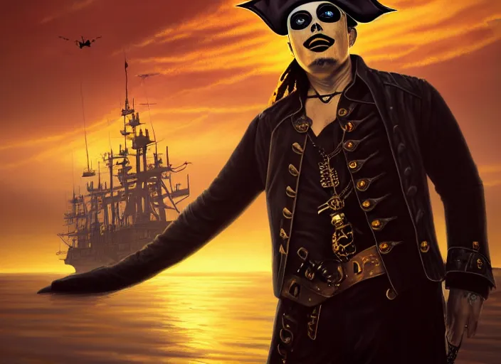 Image similar to highly detailed portrait of a sinister Elon Musk as a dread pirate captain, proudly posing at the helm of his frigate wearing an ornate pirate hat, full body, sinking smoking ship in the background at sunset, artstation, cinematic lighting, hyperdetailed, cgsociety, 8k, high resolution, insanely detailed and intricate, concept art, smooth, sharp focus, illustration, art by John Collier and Albert Aublet and Krenz Cushart and Artem Demura and Alphonse Mucha