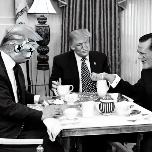 Prompt: donald trump drinking chinese tea with richard nixon, fist - bumping, happy, smiling laughing