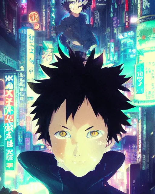 Image similar to portrait of a dream guide in night tokyo by makoto sinkai, my hero academia,cyberpunk, greg rutkowski, perfect face, fine details