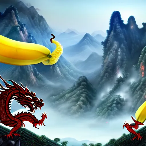 Image similar to Chinese president, bananas weapon, battle the dragon, centered, highly detailed, mountains, epic composition, background, fantasy art, 8k