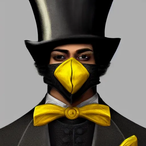 Image similar to a highly detailed portrait of a man in a high top hat covering his face, in a black tailcoat with a yellow waistcoat under the tailcoat, artstation, deviantart, professional, unreal engine 5, photorealistic