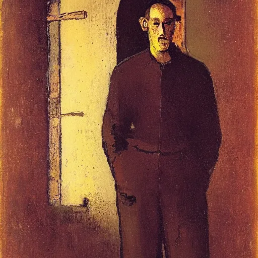 Prompt: a tall man with olive complexion wearing brown coveralls in a church cellar by odilon redon