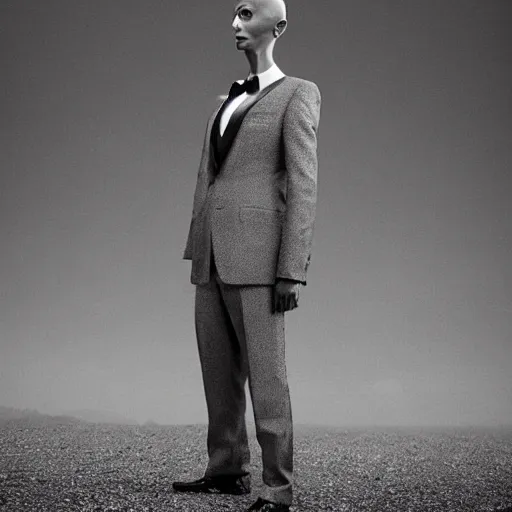 Image similar to “ portrait of a grey alien wearing a tuxedo, depth of field, zeiss lens, detailed, symmetrical, fashion photoshoot, by annie leibovitz and steve mccurry, david lazar, jimmy nelsson, breathtaking, award winning photo, 8 k resolution, extremely detailed, beautiful, establishing shot, artistic, hyperrealistic, beautiful face ”