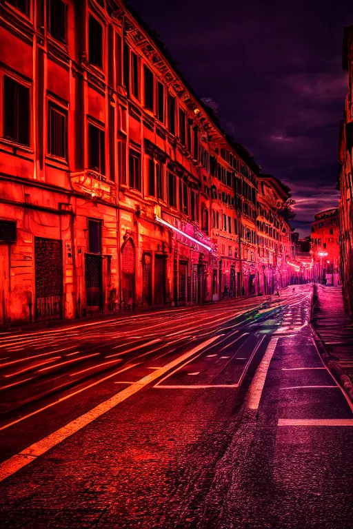 Prompt: neon streets of rome, 4 k, award winning photo, cyberpunk style