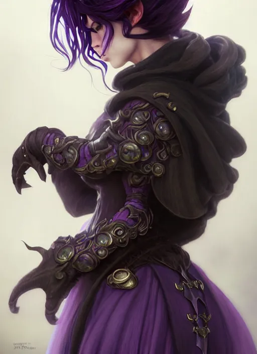 Image similar to side portrait Super Mario as dark witch, adventurer outfit large cloak, fantasy forest landscape, dragon scales, fantasy magic, undercut hairstyle, short purple black fade hair, dark light night, intricate, elegant, sharp focus, illustration, highly detailed, digital painting, concept art, matte, art by WLOP and Artgerm and Greg Rutkowski and Alphonse Mucha, masterpiece