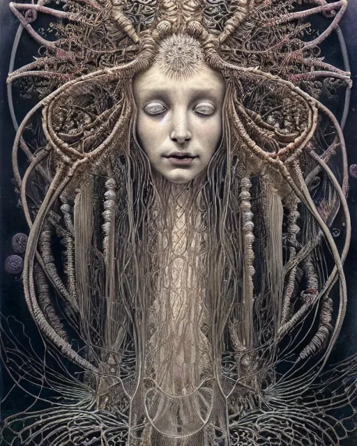 Image similar to realistic detailed underwater portrait of the beutiful young goddess of the fish of the three times with an intricate headdress of corals, sea kelp, sea plants, fish, jellyfish, art by ernst haeckel, zdzisław beksinski, h. r. giger, gothic, neo - gothic, ornamental,