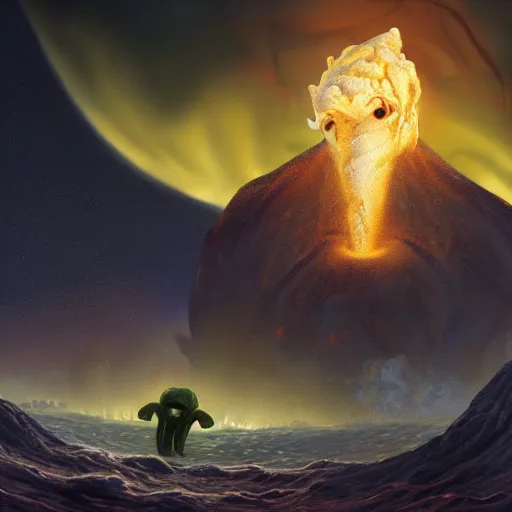 Prompt: Cthulhu in the foreground eating a vanilla ice cream cone. exploding volcano is hit by meteor in the background, by Philipp A. Urlich and H. R. Geiger and H. P. Lovecraft, fantasy, intricate, elegant, highly detailed, digital painting, artstation, blender, unreal engine 5, octane render, smooth, sharp focus, illustration