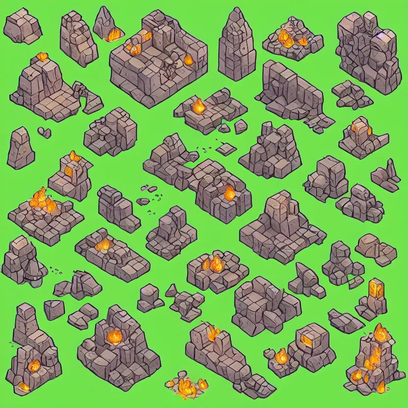 Image similar to set of isometric game tiles, containing a boulder, a wizard's tower, a cave, and several mines, colored lineart