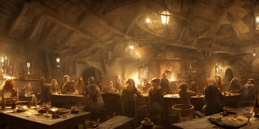 Prompt: an medieval tavern created movie directed by director Roy Andersson movie by artgem lau , WOP, Andrey Surnov, Jessica Rossier, cgsociety, 8k