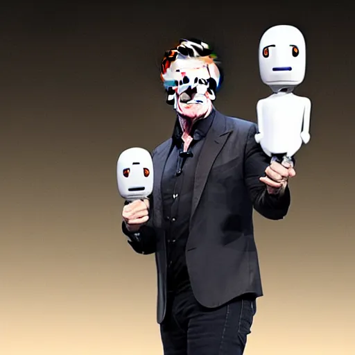 Prompt: photograph of elon musk holding a robot