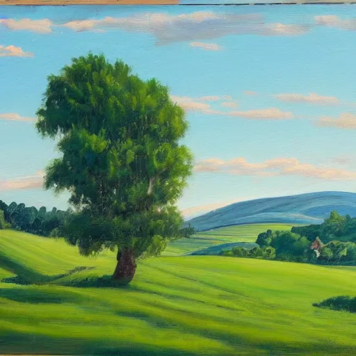 Image similar to A painting of a landscape, with rolling hills, green fields, and a blue sky, in a pastoral style.