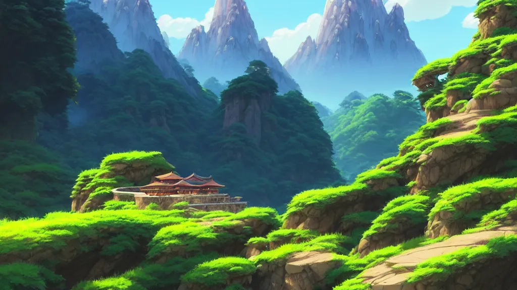 Image similar to mountainside landscape, studio ghibli, pixar and disney animation, sharp, rendered in unreal engine 5, highly detailed, digital painting, artstation, concept art, smooth, sharp focus, illustration, wide angle, artbook, wallpaper, splash art, promo art, dramatic lighting, art by artgerm and greg rutkowski and bo chen and jin xiaodi