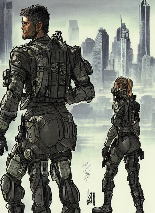 Image similar to Sonya. USN special forces operator looking at city skyline. Agent wearing Futuristic stealth suit. rb6s, MGS, and splinter cell Concept art by James Gurney, Alphonso Mucha.