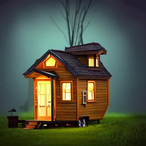 Image similar to strange tiny house by Tim Burton, dark background, volumetric lighting