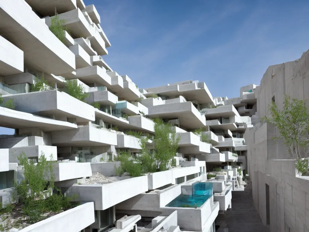 Prompt: habitat 6 7, white terraced architecture hotel in the dessert, many plants and infinite pool, colorful glass wall