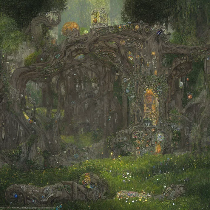 Image similar to ancient overgrown! ruins, medieval gates, runestones, mysetrious etherial mesmerizing runic!! cat eyes, magical elven geometry, concept art by gustav klimt!, deviantart contest winner, environmental art, fairy circle, high detail, intricate masterpiece