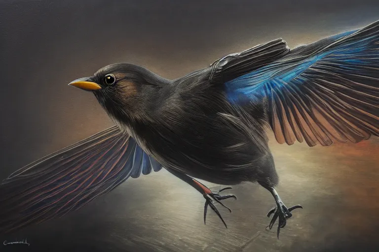 Prompt: hyperrealistic mixed media painting of a blackbird singing in the dead of night, dim volumetric lighting, 8k octane beautifully detailed render, post-processing, portrait, extremely hyper-detailed, intricate, epic composition, cinematic lighting, masterpiece, trending on artstation, stunning, art by P. Craig Russell and Barry Windsor-Smith