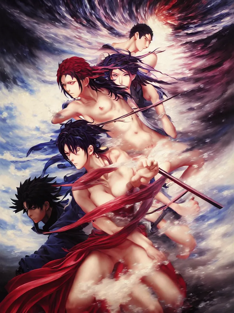 Image similar to baroque oil painting of key visual kunoichi fight, rain, painting by makoto shinkai takashi takeuchi yoshiyuki sadamoto, fate stay night, wlop and artgerm
