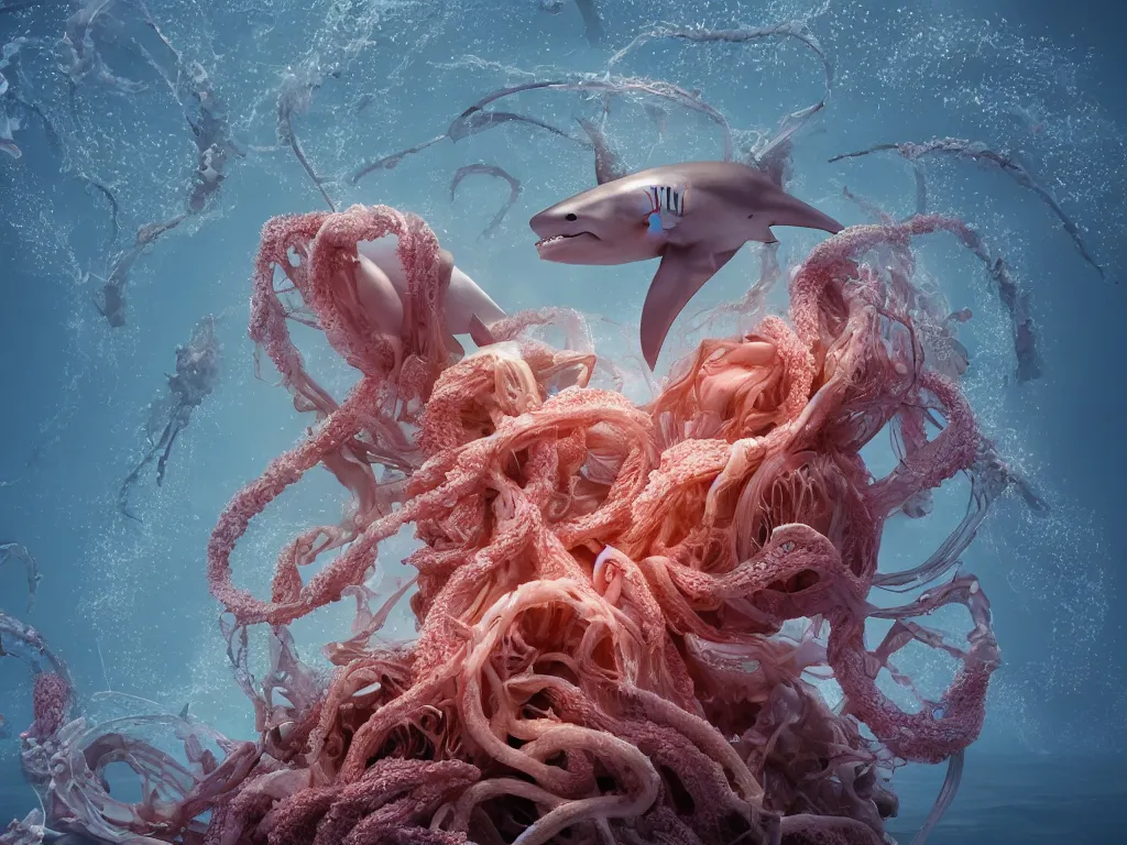 Image similar to a sculpture of ocean shark intertwined, a lovely cornucopia of flowers and human body parts, jellyfish, highly detailed, octane render, cinematic, shock, sharp focus, super resolution