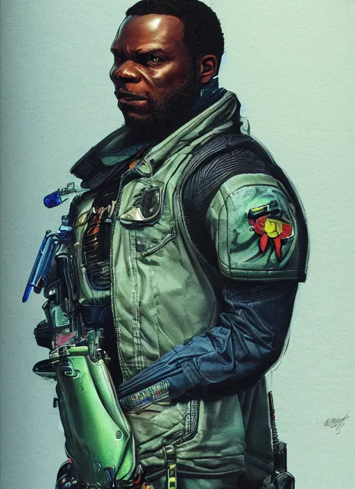 Image similar to chidi igwe. cyberpunk police officer in tactical harness and jumpsuit. portrait by stonehouse and mœbius and will eisner and gil elvgren and pixar. realistic proportions. dystopian. cyberpunk 2 0 7 7, apex, blade runner 2 0 4 9 concept art. cel shading. attractive face. thick lines.