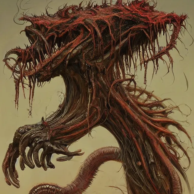 Prompt: concept art of a impossiblely long demonic wormlike creature with mismatched animal features with its bloody mouth open wide revealing too many teeth in the style of zdzisław beksinski in the style of h. r. giger trending on artstation deviantart pinterest furaffinity detailed realistic hd 8 k high resolution