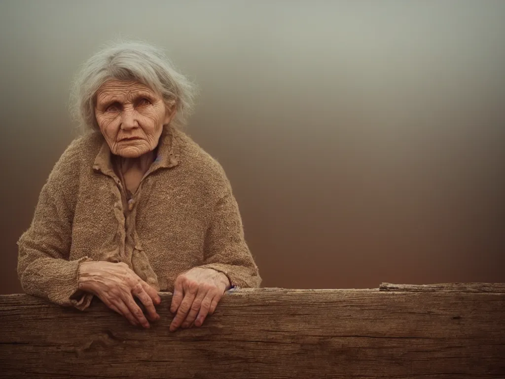 Image similar to medium shot portrait bust of old woman sitting on fence, tired expression, faded color film, russian cinema, tarkovsky, technicolor, heavy forest, wood cabin in distance, shallow depth of field, long brown hair, old clothing, heavy fog, brown color palette, sunset, low light, hudson river school, 4 k, dramatic lighting