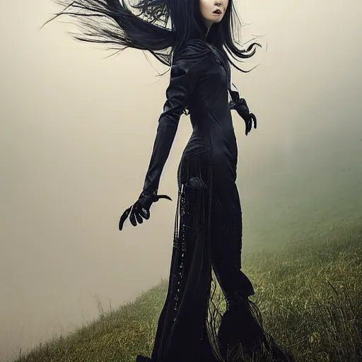 Image similar to a beautiful young slim female witch with bionic parts, cast a spell sourrounded by mist, her hair moves with the wind, she has beautiful facial features, photographed by andrew thomas huang for a high budget fantasy movie