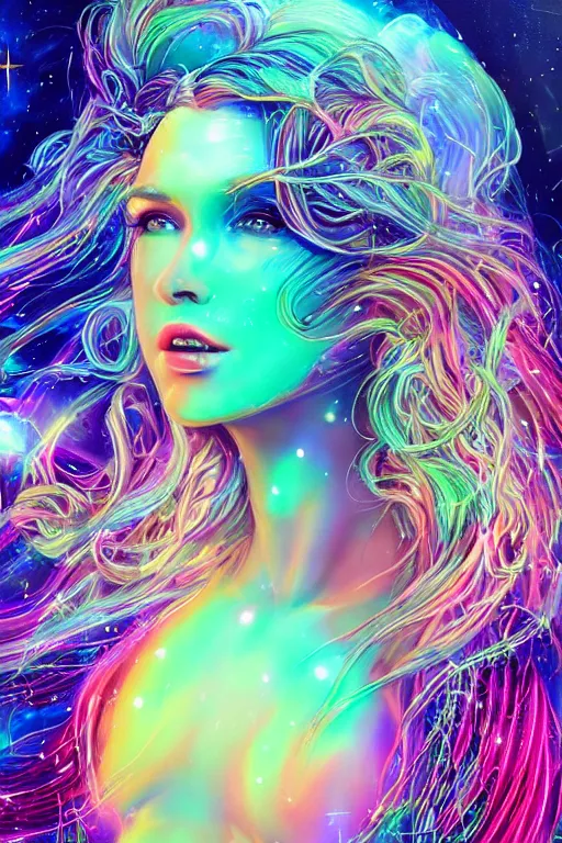 Prompt: a super realistic young woman, goddess magical, windblown, space, stars and planets flowing through her hair, intricate, synth-wave, retrowave, colorful, vibrant, highly-detailed, elegant, dramatic lighting, gorgeous face, lifelike, photorealistic face, long luxurious intricate gown, in the universe, digital painting, artstation, illustration, concept art, smooth, sharp focus, art by Jude Palencar, John Collier, artgerm, and Albert Aublet and Krenz Cushart and Artem Demura and Alphonse Mucha