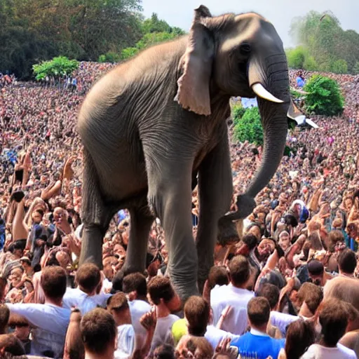 Prompt: an elephant crowd surfing