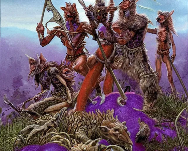 Prompt: Fantasy illustration by Clyde Caldwell - The pack of kobolds is crouched in a circle. They are snivelling canid humanoids, with scales of rust, and they carry spears. Their leader, a matronly female with numerous tattoos, kneels in the center of the circle and gathers the pulsing purple moss. She has a spear, but it lies across her lap. The kobolds chatter to one another, and you hear the word “food” uttered more than once.