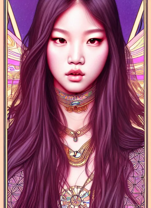 Image similar to jennie manoban of blackpink, tarot card, highly detailed, digital painting, smooth, sharp focus, illustration, ultra realistic, 8 k, art by artgerm and alphonse mucha