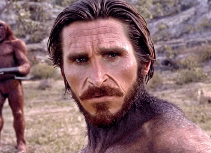 Image similar to film still of Christian Bale as George Taylor in Planet of the Apes 1968