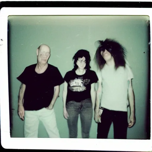 Prompt: a found polaroid photo of punk trash humpers in the backrooms