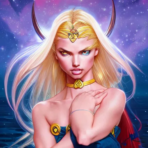 Image similar to Blonde Adriana Lima as Sailor Moon, western, D&D, fantasy, intricate, elegant, highly detailed, digital painting, artstation, concept art, matte, sharp focus, illustration, art by Artgerm and Greg Rutkowski and Alphonse Mucha