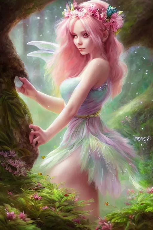 Image similar to a cute fairy in the dreamy forest, fantasy, 8 k resolution, hyper detailed, d & d, character design, digital painting, trending on artstation, sharp focus, illustration, art by artgerm, steve zheng, fuji choko, viktoria gavrilenko, hoang lap