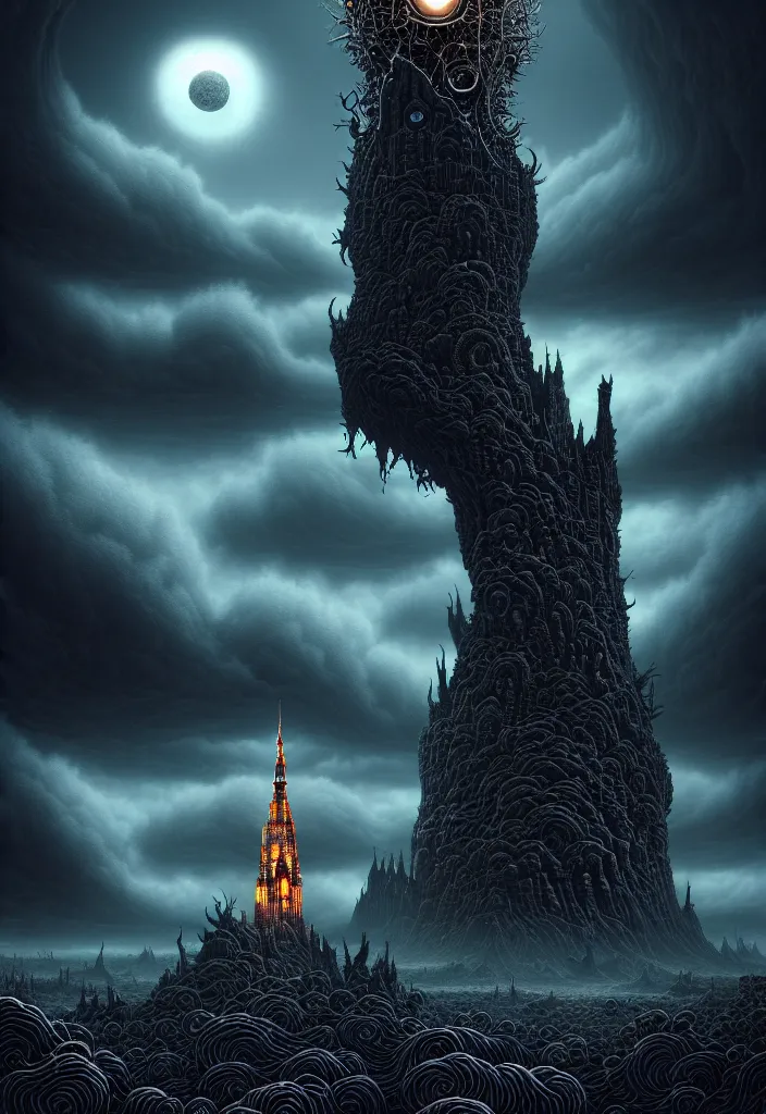 Prompt: a dark tower stretching into the clouds in a stunning landscape by Joe Fenton and Dan Hillier, whimsical background by Tim Hildebrant, sharp, very detailed, intricate, wild, concept art, sharp focus, illustration, digital art, 8k, octane render, masterpiece, artstation, cgsociety, vivid vibrant colors