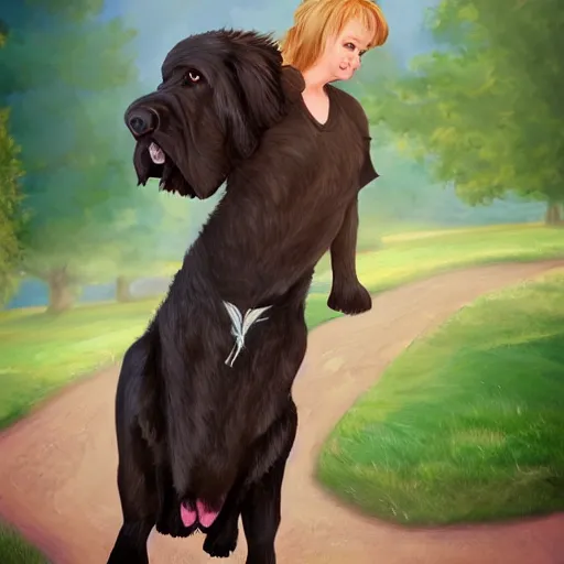 Image similar to girl riding a giant newfoundland dog in the park, trending on artstation