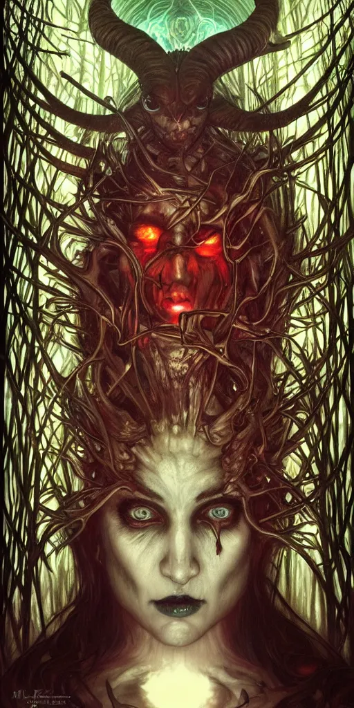 Prompt: intense screaming glowing black metal pagan god with ram horns and veins and intense glowing eyes in very dark forest by artgerm and karol bak and alphonse mucha, portrait, fantasy, clear, light beams, lens flare, intense, uhd, red and teal and shining polished gold, amazing depth, cinematic lighting