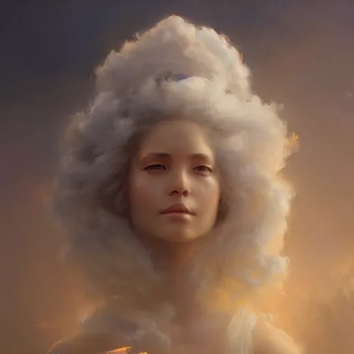 Image similar to a beautiful portrait of a cloud goddess by Greg Rutkowski and Raymond Swanland, Trending on Artstation, ultra realistic digital art