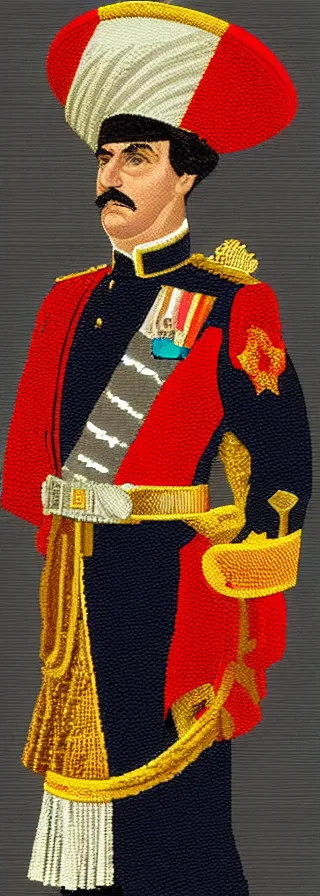 Image similar to portrait of imperator wearing a french hat and ceremonial uniform in a haughty pose, head pointing up diagonally, pixel art, colors accent, symmetric