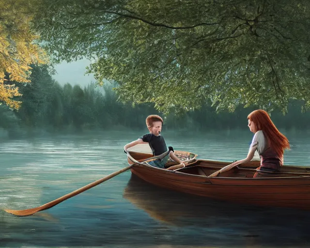 Image similar to a boy and a girl with long flowing auburn hair sitting together on the rowboat. Boy has black short hair, boy has black short hair. Atmospheric lighting, long shot, romantic, boy and girl are the focus, trees, river. Oil Painting, Trending on Artstation, octane render, Insanely Detailed, 8k, HD