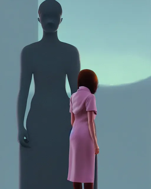 Image similar to a painting of a woman standing in front of a statue, a screenshot by stanley twardowicz, cgsociety, aestheticism, aesthetic, vaporwave, anime aesthetic