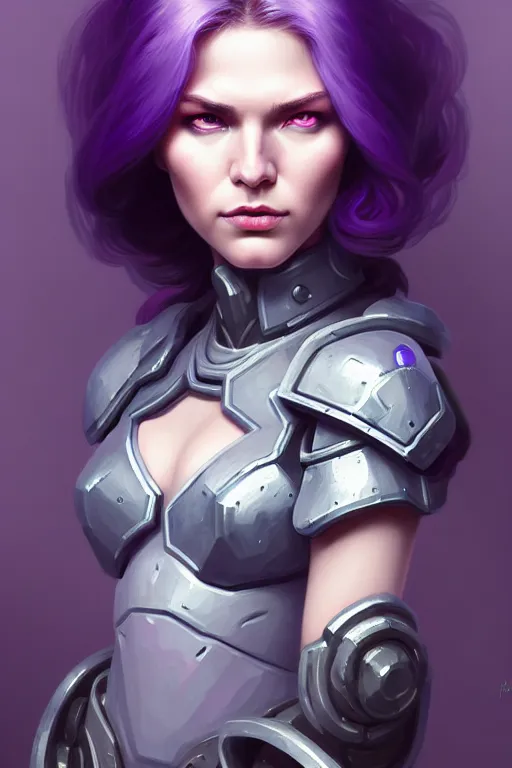 Prompt: alexey gurylev, pale woman in power armor with purple hair, mysterious, deep focus, d & d, fantasy, complex, elegant, highly detailed, digital painting, artstation, concept art, matte, clear focus, illustration, hearthstone, artgerm art, greg rutkovsky and alphonse mucha